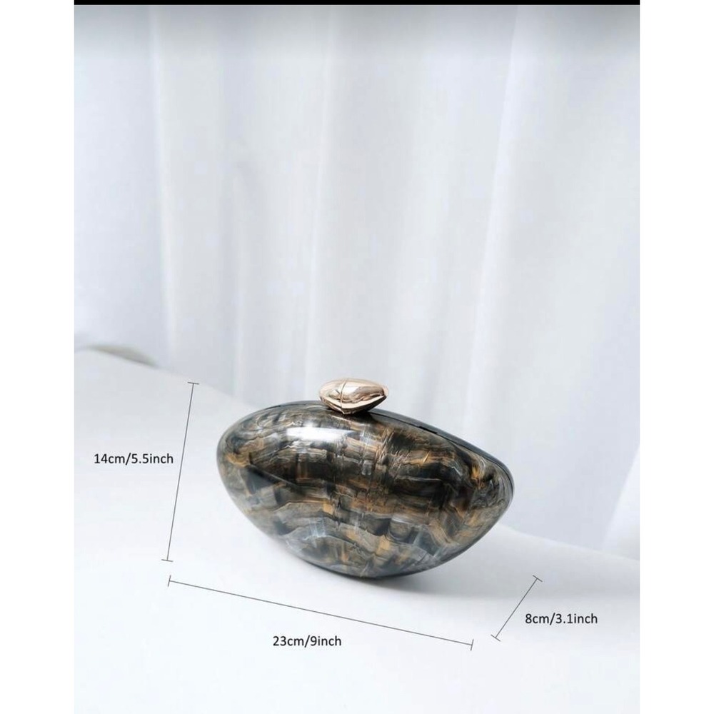 Marbled Resin Pebble Clutch Bag Gold Chain Strap Evening Purse Amber Black - Picture 8 of 8
